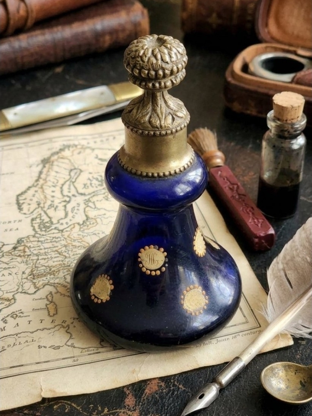Antique Cobalt Blue Handblown Glass Travel Inkwell Gold Accents Victorian Art